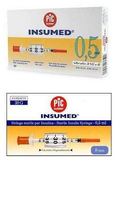 SIRINGA PER INSULINA PIC INSUMED 0,5 ML 100 UI AGO GAUGE 29 LUNGHEZZA 12,7 MM SENZA SPAZIO MORTO 3 SACCHETTI DA 30 PEZZI - Farmacia Sant Anna SAS del Dott. Mariani Federigo