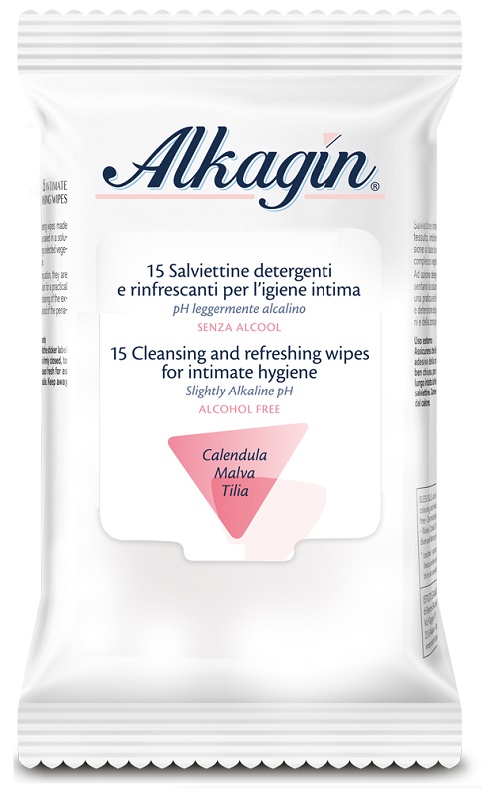 ALKAGIN SALVIETTINE DETERGENTI E RINFRESCANTI PER L'IGIENE INTIMA PH LEGGERMENTE ALCALINO SENZA ALCOOL 15 PEZZI CALENDULA MALVA E TILIA - Farmacia Sant Anna SAS del Dott. Mariani Federigo