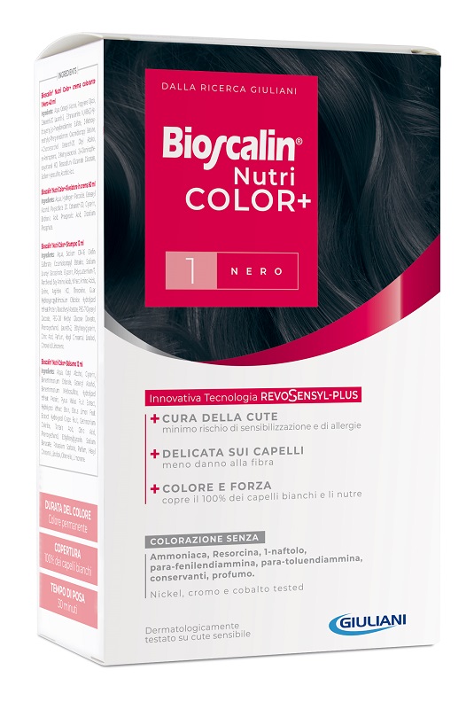 BIOSCALIN NUTRICOLOR PLUS 1 NERO CREMA COLORANTE 40 ML + RIVELATORE CREMA 60 ML + SHAMPOO 12 ML + TRATTAMENTO FINALE BALSAMO 12 ML - Farmacia Sant Anna SAS del Dott. Mariani Federigo