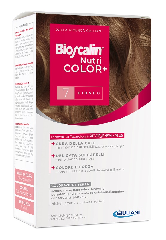 BIOSCALIN NUTRICOLOR PLUS 7 BIONDO CREMA COLORANTE 40 ML + RIVELATORE CREMA 60 ML + SHAMPOO 12 ML + TRATTAMENTO FINALE BALSAMO 12 ML - Farmacia Sant Anna SAS del Dott. Mariani Federigo