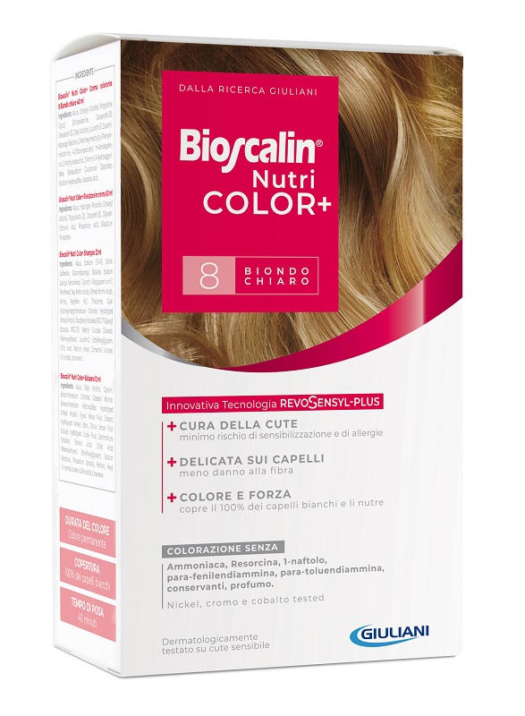 BIOSCALIN NUTRICOLOR PLUS 8 BIONDO CHIARO CREMA COLORANTE 40 ML + RIVELATORE CREMA 60 ML + SHAMPOO 12 ML + TRATTAMENTO FINALE BALSAMO 12 ML - Farmacia Sant Anna SAS del Dott. Mariani Federigo