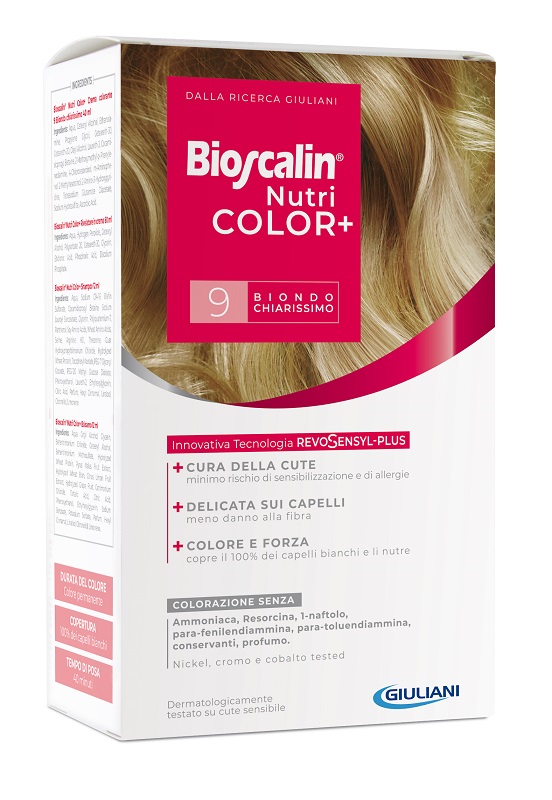 BIOSCALIN NUTRICOLOR PLUS 9 BIONDO CHIARISSIMO CREMA COLORANTE 40 ML + RIVELATORE CREMA 60 ML + SHAMPOO 12 ML + TRATTAMENTO FINALE BALSAMO 12 ML - Farmacia Sant Anna SAS del Dott. Mariani Federigo