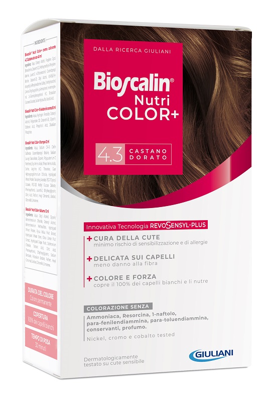 BIOSCALIN NUTRICOLOR PLUS 4,3 CASTANO DORATO CREMA COLORANTE 40 ML + RIVELATORE CREMA 60 ML + SHAMPOO 12 ML + TRATTAMENTO FINALE BALSAMO 12 ML - Farmacia Sant Anna SAS del Dott. Mariani Federigo