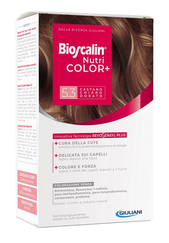 BIOSCALIN NUTRICOLOR PLUS 5,3 CASTANO CHIARO DORATO CREMA COLORANTE 40 ML + RIVELATORE CREMA 60 ML + SHAMPOO 12 ML + TRATTAMENTO FINALE BALSAMO 12 ML - Farmacia Sant Anna SAS del Dott. Mariani Federigo