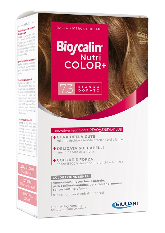 BIOSCALIN NUTRICOLOR PLUS 7,3 BIONDO DORATO CREMA COLORANTE 40 ML + RIVELATORE CREMA 60 ML + SHAMPOO 12 ML + TRATTAMENTO FINALE BALSAMO 12 ML - Farmacia Sant Anna SAS del Dott. Mariani Federigo