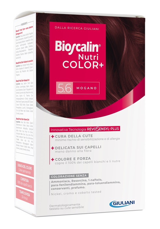 BIOSCALIN NUTRICOLOR PLUS 5,6 MOGANO CREMA COLORANTE 40 ML + RIVELATORE CREMA 60 ML + SHAMPOO 12 ML + TRATTAMENTO FINALE BALSAMO 12 ML - Farmacia Sant Anna SAS del Dott. Mariani Federigo
